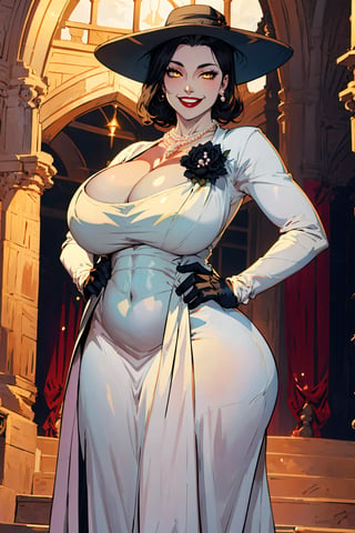 Anime art, cartoon, (1girl, solo), (ztb), huge yellow eyes, black hair, short hair, (pale skin:1.3), red lipstick, (gigantic breasts), (slim waist, wide hips), huge smile, looking at viewer, 
castle interior,indoors, depth of field, hands on hips, (white dress, black hat, single earring, cleavage, pearl necklace, black gloves:1.3),alcina