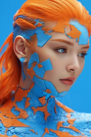 xxmixgirl, a close up of a person's face on a cracked surface, inspired by Alberto Seveso, featured on zbrush central, orange fire/blue ice duality!, portrait of an android, fractal human silhouette, red realistic 3 d render, blue and orange, subject made of cracked clay, woman, made of lava