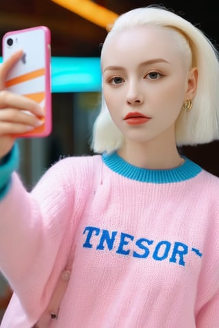 ((selfie)) photo , ((upper body selfie)), analog style (look at viewer:1.2) ,close up,pouted,cinematic, xxmixgirl, A young albino woman holding a neon sign that says "TensorArt" realism, cinematic outfit photo, cinematic pastel lighting, 80s neon movie still, knitted sweater