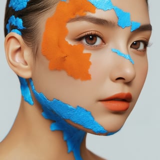 xxmixgirl, a close up of a person's face on a cracked surface, inspired by Alberto Seveso, featured on zbrush central, orange fire/blue ice duality!, portrait of an android, fractal human silhouette, red realistic 3 d render, blue and orange, subject made of cracked clay, woman, made of lava