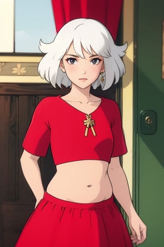 girl, white hair, black eyes, top, show belly, red skirt, stud10gh1bl1_style