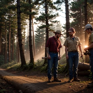 lumberjacks, working at night in the forest.