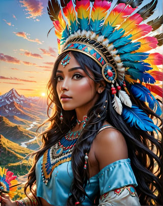 Please create a masterpiece,  stunning beauty,  femine, athletic build, dark skin, perfect face, Long black hair, Light_brown_eyes, epic love,  sultry look, Slave to the machine,  head and shoulders, facing camera, overlooking valley below, hyper-realistic oil painting,  vibrant colors,  long flowing native american war bonnet,  golden light,  perfect composition,  multiple colours dripping paint, holding eagle in outstretched hand