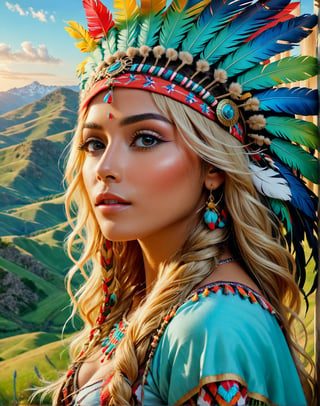 Please create a masterpiece,  stunning beauty,  femine, athletic build, tanned skin, perfect face, freckles, Long bllonde hair, Light_green_eyes, epic love,  Slave to the machine,  head and shoulders, peering over her shoulder, overlooking valley below, hyper-realistic oil painting,  vibrant colors,  long flowing native american war bonnet,  golden light,  perfect composition,  multiple colours dripping paint,  