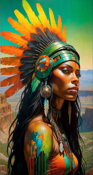 Please create a masterpiece,  stunning beauty,  African American woman, perfect face,  Long Black hair, light_brown_eyes, epic love,  Slave to the machine,  full-body,  standing on rocks overlooking valley below, hyper-realistic oil painting,  vibrant colors,  Orange, Green and Yellow native american war bonnet,  biopunk,  cyborg by Peter Gric,  Hans Ruedi Giger,  Marco Mazzoni,  dystopic,  golden light,  perfect composition,  multiple colours dripping paint,  