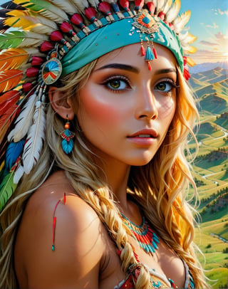 Please create a masterpiece,  stunning beauty,  femine, athletic build, tanned skin, perfect face, freckles, Long bllonde hair, Light_green_eyes, epic love,  Slave to the machine,  head and shoulders, peering over her shoulder, overlooking valley below, hyper-realistic oil painting,  vibrant colors,  long flowing native american war bonnet,  golden light,  perfect composition,  multiple colours dripping paint,  