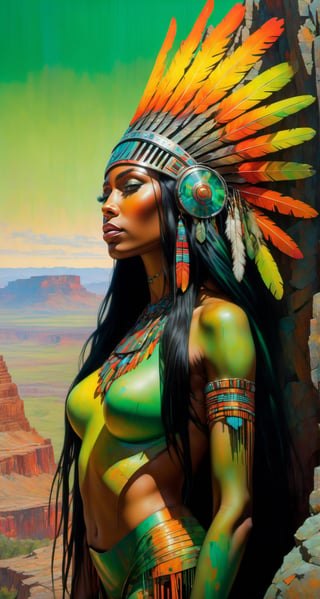 Please create a masterpiece,  stunning beauty,  African American woman, perfect face,  Long Black hair, light_brown_eyes, epic love,  Slave to the machine,  full-body,  standing on rocks overlooking valley below, hyper-realistic oil painting,  vibrant colors,  Orange, Green and Yellow native american war bonnet,  biopunk,  cyborg by Peter Gric,  Hans Ruedi Giger,  Marco Mazzoni,  dystopic,  golden light,  perfect composition,  multiple colours dripping paint,  