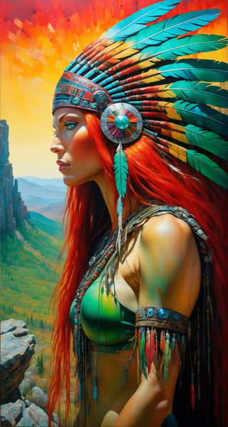 Please create a masterpiece,  stunning beauty,  perfect face,  Long red hair, green_eyes, epic love,  Slave to the machine,  full-body,  Standing_on_rocks, overlooking valley below, hyper-realistic oil painting,  vibrant colors,  native american war bonnet,  biopunk,  cyborg by Peter Gric,  Hans Ruedi Giger,  Marco Mazzoni,  dystopic,  golden light,  perfect composition,  multiple colours dripping paint,  