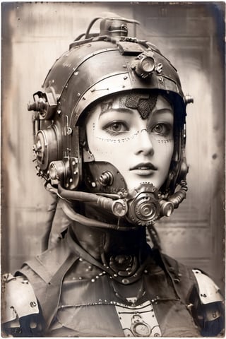 (masterpiece),(ultra realistic), (Highly detailed), (Create a black and white photo realistic of an arachnic biomechanical military pilot robot girl victorian styled very beauty girl robot with all front face and head made of very rusty metal with many intricate mechanical rusty black pieces on the eyes, many lines of black metal decorate in victorian style her face and body:1.5), pilot helmet with intrincade victorian decorations and black metal, on background a big hall of a retro futuristic black and metal buiding in victorian style of 1890, noir sci fi movie, retro futurism, many rusty black metal, rusty metal, glass and luxurious, cinematic illumination, arachnic style, Steampunk style,steampunk style