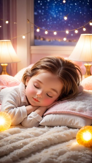 Night scene style, realistic high quality, bedroom furniture, A cute adorable beautiful eyes little girl, Lying down and Sleeping on the pillow with a fluffy blanket, closed eyes sleeped, so happiness and enjoying, lamps lighting soft bokeh background.