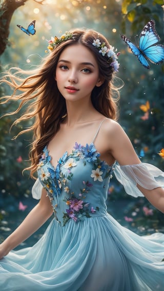 Winter style, Cinematic photo,  4k photo,  extremely detailed,  fairy flying over the water,  faint smile,  emotional eyes,  beauty,  flower explosion,  anatomical plant,  flowers forest,  grainy,  shiny,  colorful,  colorful,  ((realistic skin)),  glowing surreal objects floating,  ((floating:1.4)),  contrast shadows,  photography,  rainbow style,  soft lights,  incredible bokeh,  wearing long light blue and white dress,  (the butterfly is part of her body),  close-up,  dancing girl,  flowers bokeh background.