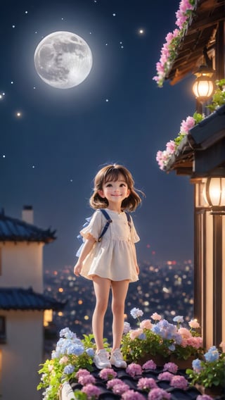 https://s.mj.run/ScKtPHY5ybo Side view shot, full body, Night style, moon, a cute little girl clear details and charming eyes lying on the roof looking forward city lighting, smiling happily and enjoy the best moment, depth of field, flowers blooming fantastic romantic bokeh background ,portraitart,xxmix_girl,Anime 