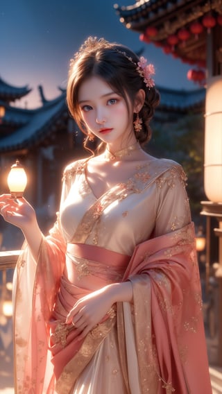 Pixar anime movie scene style, perfect face, Chinese house style, in the night, A beautiful and cute little girl with beautiful eyes is standing on the railing. 16 years old beautiful eyes so charming girl holding lantern on the balcony, in the style of charming anime characters, 32k uhd, Pixar movie scene style, realistic high quality portrait photography, timeless beauty, The lantern lamp behind her are emitting soft light. She is beautiful and dreamy. flowers blooming and lighting bokeh as background.