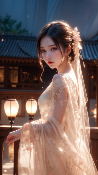 Pixar anime movie scene style, perfect face, Chinese house style, in the night, A beautiful and cute little girl with beautiful eyes is standing on the railing. 16 years old beautiful eyes so charming girl holding lantern on the balcony, in the style of charming anime characters, 32k uhd, Pixar movie scene style, realistic high quality portrait photography, timeless beauty, The lantern lamp behind her are emitting soft light. She is beautiful and dreamy. flowers blooming and lighting bokeh as background.