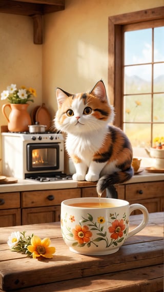 Whimsical scene of a curious cat, ears perked and whiskers twitching, peeking out from the rim of a quaint, hand-painted mug. Fluffy tail entwined around the handle, as if claiming ownership. Sunlit kitchen background features a rustic wooden table, vintage stove, and warm tones, evoking a sense of cozy comfort. Flowers bloom bokeh background. Depth of field.