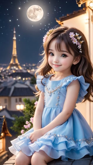 https://s.mj.run/ScKtPHY5ybo Side view shot, full body, Night style, moon, a cute little girl clear details and charming eyes lying on the roof looking forward city lighting, smiling happily and enjoy the best moment, ruffles dress, depth of field, flowers blooming fantastic romantic bokeh background,portraitart,xxmix_girl,Anime 