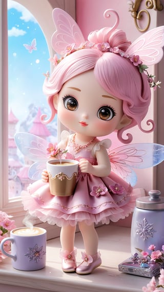 Botoom big pink bold font, words: "Lovely!". A charming close-up of a KUPTAPA-crafted chibi fairy doll, perched on a windowsill. The fairy, exuding whimsical charm, clutches a steaming mug of coffee in her tiny hands. Her attire consists of a fluttery dress, intricate wings, and delicate pink flowers that accentuate her enchanting presence. The elaborate wlop and frozen flowers surrounding her create a captivating atmosphere. The overall design, featuring soft, delicate colors and a touch of fantasy, is visually appealing and evokes a sense of wonder., typography