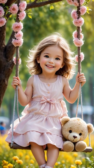 Flowers blooming, fantastic amazing photos, A cute little girl laughing at the flowers tree swing so happy, She hug a cute little teddy bear, petas falling beautiful scene like heaven, portrait photography, fantastic flowers bokeh background ,Movie Still