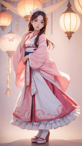 Pixar anime movie scene style, realistic high quality portrait photography, a beautiful charming eyes and perfect face girl wearing pink and white ruffles hanfu, lamps lighting soft, full body, depth of field.