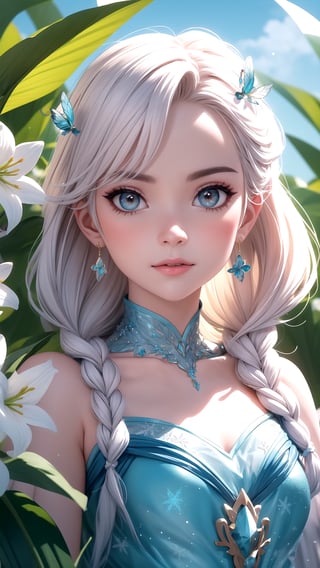 Real-life Elsa from Frozen travels the world as a social media influencer and showcases her Disneyland experiences on the lavish floral Versailles balcony Elsa's eye makeup from Disney's Frozen 》, in a Christmas paradise surrounded by magic butterflies 🦋 ✨ Colorful lights hanging on the lily of the valley, photo style - realistic techniques, kawaii aesthetics, cute and colorful, colorful garden, colorful, naturecore, realistic use of light and color