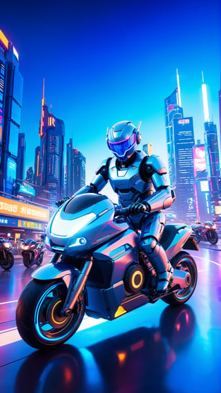 A photograph of a futuristic robot, sleek metallic body with glowing blue accents, riding a high-tech motorcycle, near the center of a bustling city at night. The cityscape includes towering skyscrapers with neon signs. The bright city lights create dynamic reflections on the robot and bike. Created Using: HDR camera, cyberpunk art movement, neon lighting, wide-angle lens, glossy finish, digital painting techniques, dramatic shadows, lens flares, hd quality, natural look