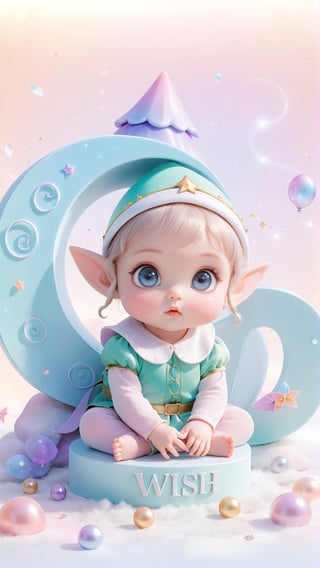 On a completely white background, a cute kawai style baby of an elf girl with big eyes, underneath a sign written "Wish". A tranquil dreamscape, displayed in delicate pastels colors, each tone harmonizing to create an ethereal and abstract symphony. Excellent representation. Magnificent image, ultra-detailed and hyper-realistic masterpiece, 4D, high quality portrait photography 