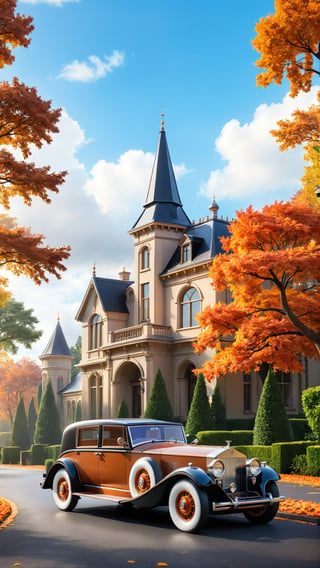 Blue sky beautiful clouds, A captivating illustration by @elmagnifico2 features a classic black 1920s Rolls-Royce elegantly parked on a tree-lined road. The vehicle's timeless design contrasts with the grand, almost fairytale-like Victorian mansion in the background, which has a towering spire and prominent tower. The autumnal setting, with vibrant orange and brown leaves on the trees, adds warmth and richness to the scene. The overcast sky casts a moody atmosphere, enhancing the vintage charm and nostalgic allure of this idyllic tableau.