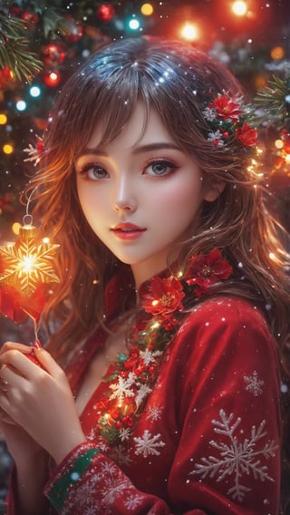 Christmas style, snowflakes, Christmas tree and gifts , full body, (masterpiece, top quality, best quality, official art, beauty and aesthetics: 1.2), (1girl), holding the gift standing by the tree,  extremely detailed, (abstract, fractal art: 1.3), colorful hair, Highest details, detailed_eyes, fire, water, ice, lightning, light particles, Christmas style clothing, Christmas tree, string of Christmas light bulbs, Christmas red flowers,, beautiful lines, determined eyes, flowers, detailed face, detailed eyes , brilliant blooming flowers and romantic lights as the background