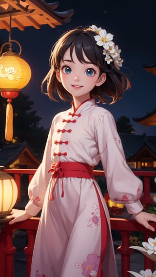 Pixar anime movie scene style, perfect face, Chinese house style, in the night, A beautiful and cute little girl with beautiful eyes is standing on the railing. six years old cute little girl holding lantern on the balcony, in the style of charming anime characters, 32k uhd, Pixar movie scene style, realistic high quality portrait photography, timeless beauty, The lantern lamp behind her are emitting soft light. She is beautiful and dreamy. smile and so happy, flowers blooming and lighting bokeh as background. 