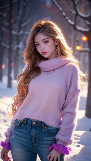 (RAW Photo, Best Quality), (Real, Photo Real: 1.3), winter night , snow falling, Best Quality, Masterpiece, Beauty and Aesthetics, 16K, (HDR: 1.4), High Contrast, (Vivid Colors: 1.4), (Soft color, dark colors, soothing tones: 0), cinematic lighting, ambient lighting, side lighting, fine details and textures, cinematic shooting, warm tones, (bright and intense: 1.2), wide angle lens, xm887, surreal illustration, siye Natural proportions, full long side view, very long blond curly hair, purple bracelet, long pink sweater with ruffles, long sweater, furry jacket with long scarf, jeans, playing Gibson bass guitar, beautiful Dutch girl , honey-colored eyes, seductive gaze, beautiful and charming eyes, simple gradient, skin texture details, juicy lips, long eyelashes, girlish figure, thin waist, a beautiful 18-year-old girl walks On the winter street, snow, night view, west,