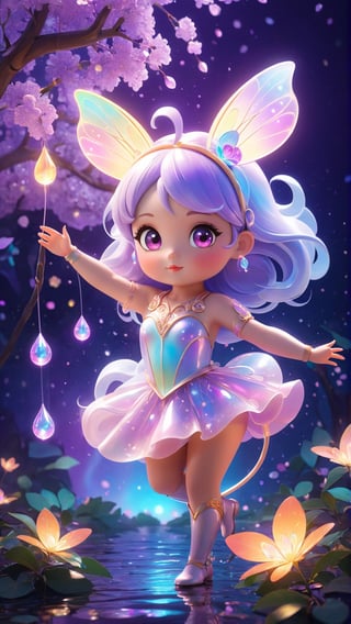 "Chibi" mascots include a cute girl cute 3d cartoon fashionable rainbow Art Nouveau fairytale poster, pin-up cuteness overload night fairytale fantasy pastel Neon Light (lighting/lasers/LEDs/Light Projection/fairy lights) cinematic, 32k, cgsociety, digital art, macrorealism, surreal, storybook illustration, expressive glowing eyes a close up luminous vivid dreamy romantic girl portrait, steampunk, unmaterial, ethereal, dreamlike holding a tree lilac branch, dynamic expressive pose detailed luminous scales, detailed skin texture, transparent body, shadow play, sparks, glittering leaves glowing contoured Burton Craola, Ryden, Ceccoli, octane render dynamic intricated pose, sleek, modern., fairytale, fantasy, by Andy Kehoe, artistic water drops on petals, detailed petals texture, dynamic pose, tender, soft pastel colors, octane render, beautiful, tiny detailed