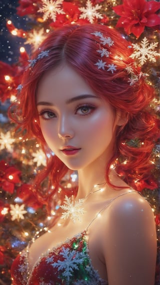 Christmas style, snowflakes, Christmas tree and gifts , full body, (masterpiece, top quality, best quality, official art, beauty and aesthetics: 1.2), (1girl), holding the gift standing by the tree,  extremely detailed, (abstract, fractal art: 1.3), colorful hair, Highest details, detailed_eyes, fire, water, ice, lightning, light particles, Christmas style clothing, Christmas tree, string of Christmas light bulbs, Christmas red flowers,, beautiful lines, determined eyes, flowers, detailed face, detailed eyes , brilliant blooming flowers and romantic lights as the background