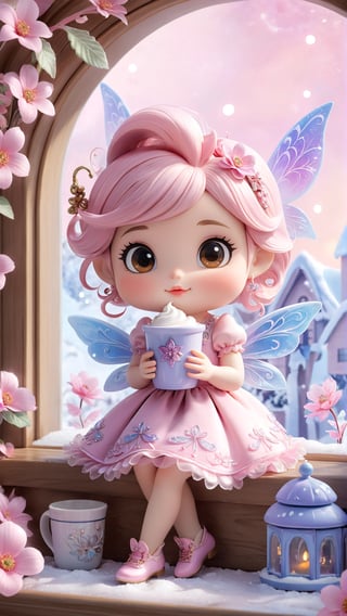 Botoom big pink bold font, words: "Lovely!". A charming close-up of a KUPTAPA-crafted chibi fairy, perched on a windowsill. The fairy, exuding whimsical charm, clutches a steaming mug of coffee in her tiny hands. Her attire consists of a fluttery dress, intricate wings, and delicate pink flowers that accentuate her enchanting presence. The elaborate wlop and frozen flowers surrounding her create a captivating atmosphere. The overall design, featuring soft, delicate colors and a touch of fantasy, is visually appealing and evokes a sense of wonder., typography