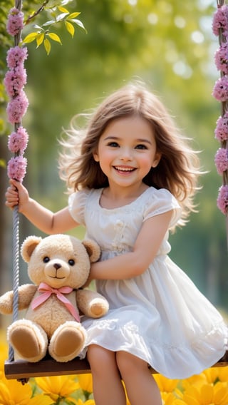 Flowers blooming, fantastic amazing photos, A cute little girl laughing at the flowers tree swing so happy, She hug a cute little teddy bear, petas falling beautiful scene like heaven, portrait photography, fantastic flowers bokeh background ,Movie Still