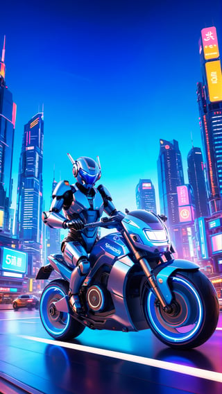 A photograph of a futuristic robot, sleek metallic body with glowing blue accents, riding a high-tech motorcycle, near the center of a bustling city at night. The cityscape includes towering skyscrapers with neon signs. The bright city lights create dynamic reflections on the robot and bike. Created Using: HDR camera, cyberpunk art movement, neon lighting, wide-angle lens, glossy finish, digital painting techniques, dramatic shadows, lens flares, hd quality, natural look