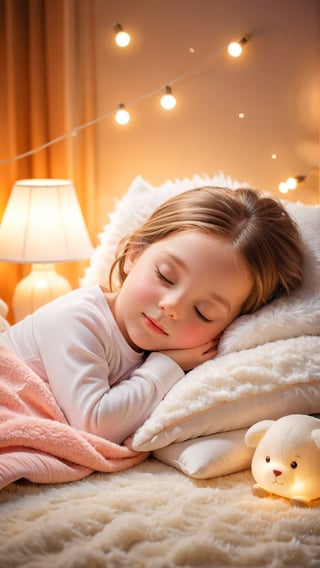 Night scene style, realistic high quality, bedroom furniture, A cute adorable beautiful eyes little girl, Lying down and Sleeping on the pillow with a fluffy blanket, closed eyes sleeped, so happiness and enjoying, lamps lighting soft bokeh background.