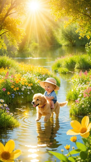 create a picture of a baby boy playing in beautiful fields with many flowers and wonderful trees playing with his golden retriever puppy in the warm light from the sun next to a tiny lake
A heartwarming scene of a baby boy in a cute sun hat, playing happily with his golden retriever puppy in a picturesque field. The field is filled with vibrant, colorful flowers and tall, lush trees that create a canopy of dappled sunlight. The baby and puppy are splashing in the shallow water of a tiny lake, surrounded by beautiful wildflowers. The warm sunlight casts a golden glow on the scene, capturing the innocence and joy of childhood.