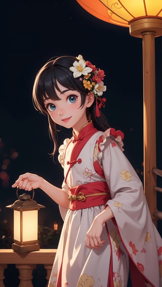 Pixar anime movie scene style, perfect face, Chinese house style, in the night, A beautiful and cute little girl with beautiful eyes is standing on the railing. six years old cute little girl holding lantern on the balcony, in the style of charming anime characters, 32k uhd, Pixar movie scene style, realistic high quality portrait photography, timeless beauty, The lantern lamp behind her are emitting soft light. She is beautiful and dreamy. smile and so happy, flowers blooming and lighting bokeh as background. 