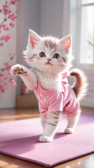 Flowers blooming, an adorable kitten wearing pink yoga suits in yoga pose and another yoga pose,doing a yoga on yoga mat,photo real,classic composition,masterpiece,exquisite,color correction,amazing visual effects,crazy details,Hold your hands on the ground and do a handstand,intricate details,sharp focus,HD, yoga pose, flowers blooming fantastic amazing and bokeh background, depth of field 