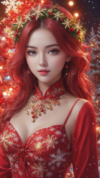 Christmas style, snowflakes, Christmas tree and gifts ,full body, (masterpiece, top quality, best quality, official art, beauty and aesthetics: 1.2), (1girl), extremely detailed, (abstract, fractal art: 1.3), colorful hair, Highest details, detailed_eyes, fire, water, ice, lightning, light particles, Christmas style clothing, Christmas tree, string of Christmas light bulbs, Christmas red flowers,, beautiful lines, determined eyes, flowers, detailed face, detailed eyes , brilliant blooming flowers and romantic lights as the background