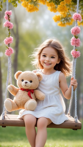 Flowers blooming, fantastic amazing photos, A cute little girl laughing at the flowers tree swing so happy, She hug a cute little teddy bear, petas falling beautiful scene like heaven, portrait photography, fantastic flowers bokeh background ,Movie Still