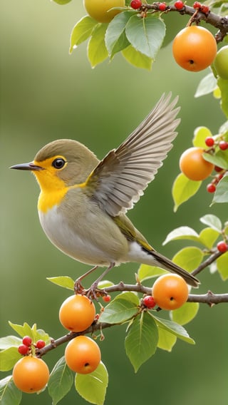 Early morning, An full small small little fruit s tree, a beautiful Japanese white-eyed bird bite a small fruit small in mouth on the branch, and spread wings:: happily flies up::1.5, close-up photography, realistic, high-definition quality, HDR mode, high-definition and beautiful picture highdefinition and beautiful ,depth of field,soft nature light romantically,