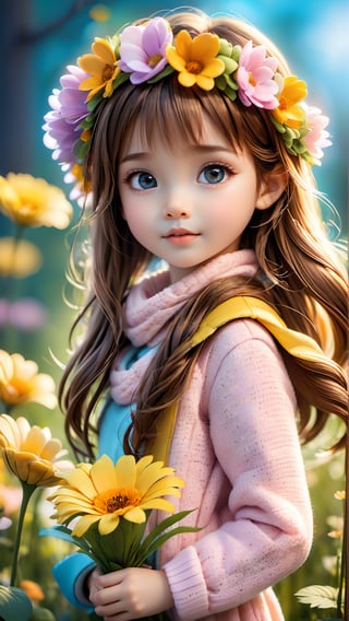 flowers blooming bokeh as background, illustration, wood, fairies, adorable and beautiful eyes little girl, cute, the background will need to be removed so high contrast is needed amongst the elements that make up the image, depth of field.