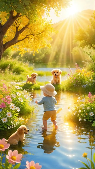 create a picture of a baby boy playing in beautiful fields with many flowers and wonderful trees playing with his golden retriever puppy in the warm light from the sun next to a tiny lake
A heartwarming scene of a baby boy in a cute sun hat, playing happily with his golden retriever puppy in a picturesque field. The field is filled with vibrant, colorful flowers and tall, lush trees that create a canopy of dappled sunlight. The baby and puppy are splashing in the shallow water of a tiny lake, surrounded by beautiful wildflowers. The warm sunlight casts a golden glow on the scene, capturing the innocence and joy of childhood.