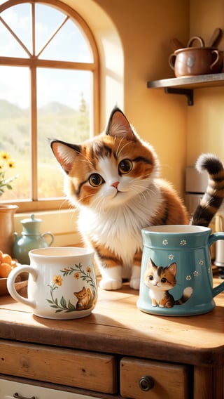 Whimsical scene of a curious cat, ears perked and whiskers twitching, peeking out from the rim of a quaint, hand-painted mug. Fluffy tail entwined around the handle, as if claiming ownership. Sunlit kitchen background features a rustic wooden table, vintage stove, and warm tones, evoking a sense of cozy comfort.