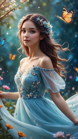 Winter style, Cinematic photo,  4k photo,  extremely detailed,  fairy flying over the water,  faint smile,  emotional eyes,  beauty,  flower explosion,  anatomical plant,  flowers forest,  grainy,  shiny,  colorful,  colorful,  ((realistic skin)),  glowing surreal objects floating,  ((floating:1.4)),  contrast shadows,  photography,  rainbow style,  soft lights,  incredible bokeh,  wearing long light blue and white dress,  (the butterfly is part of her body),  close-up,  dancing girl,  flowers bokeh background.