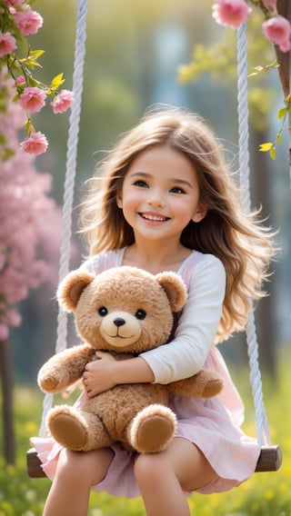 Flowers blooming, fantastic amazing photos, A cute little girl laughing at the flowers tree swing so happy, She hug a cute little teddy bear, petas falling beautiful scene like heaven, portrait photography, fantastic flowers bokeh background ,Movie Still