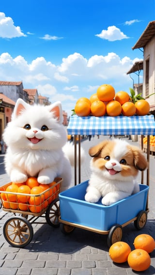 Blue sky beautiful clouds, photography, street scenery , a cute fluffy little fuzzy pet stand next to a cart, smiling and enjoying,sell oranges