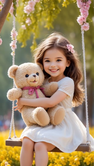 Flowers blooming, fantastic amazing photos, A cute little girl laughing at the flowers tree swing so happy, She hug a cute little teddy bear, petas falling beautiful scene like heaven, portrait photography, fantastic flowers bokeh background ,Movie Still