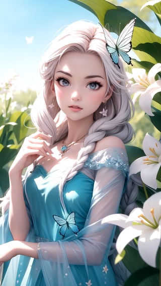 Real-life Elsa from Frozen travels the world as a social media influencer and showcases her Disneyland experiences on the lavish floral Versailles balcony Elsa's eye makeup from Disney's Frozen 》, in a Christmas paradise surrounded by magic butterflies 🦋 ✨ Colorful lights hanging on the lily of the valley, photo style - realistic techniques, kawaii aesthetics, cute and colorful, colorful garden, colorful, naturecore, realistic use of light and color